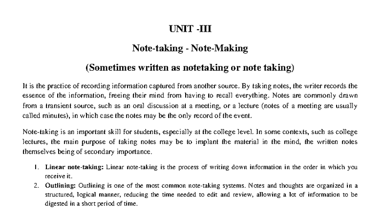 UNIT III: Effective Note Taking Techniques and Methods - Studocu