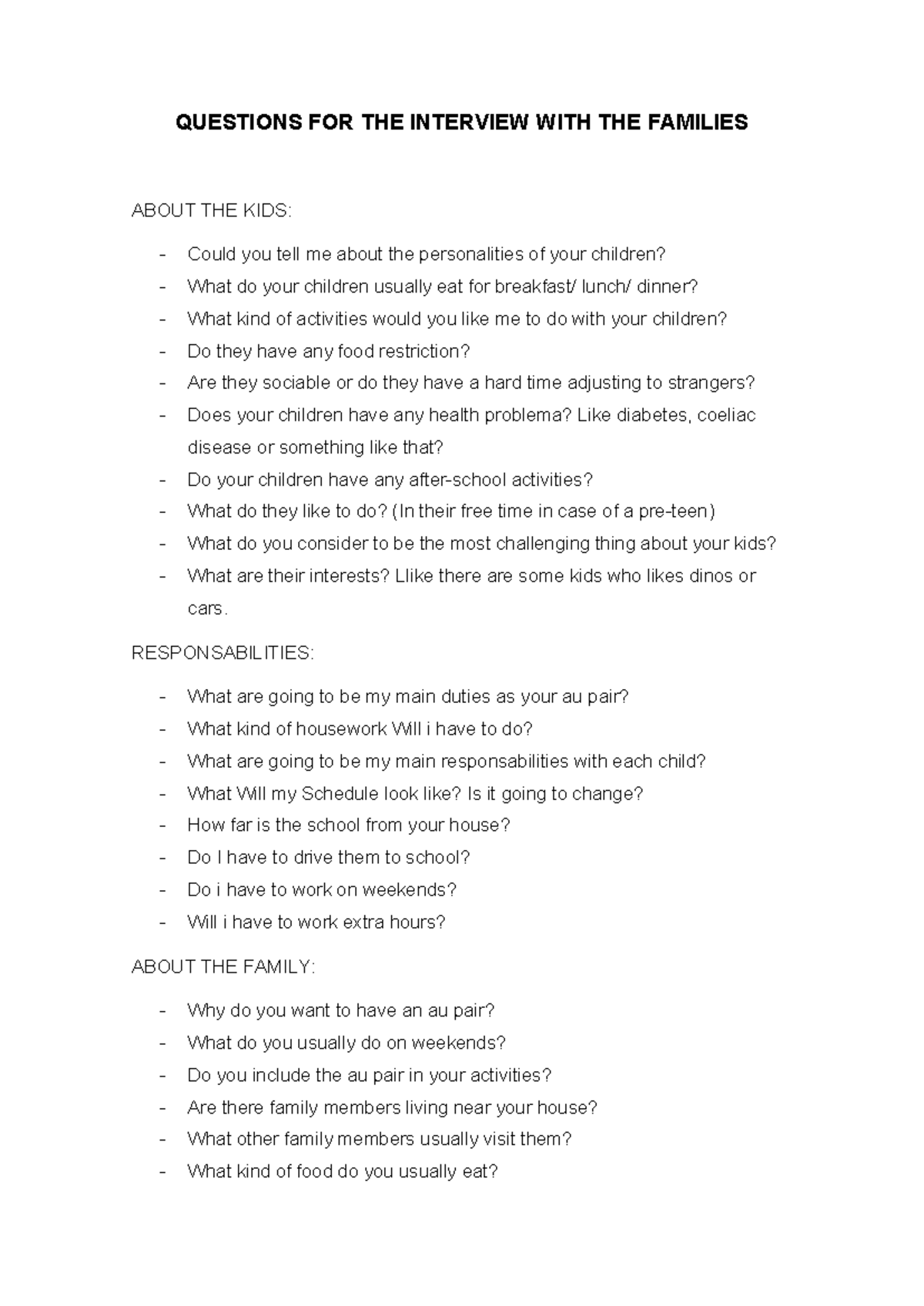 Interview Questions for Families: Understanding Kids & Responsibilities ...