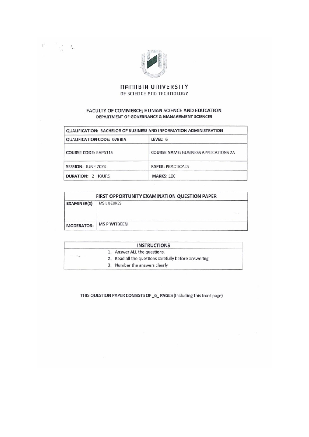BAP611S - Business Application 2A - 1ST OPP - JUNE 2024 - NAMIBIA ...