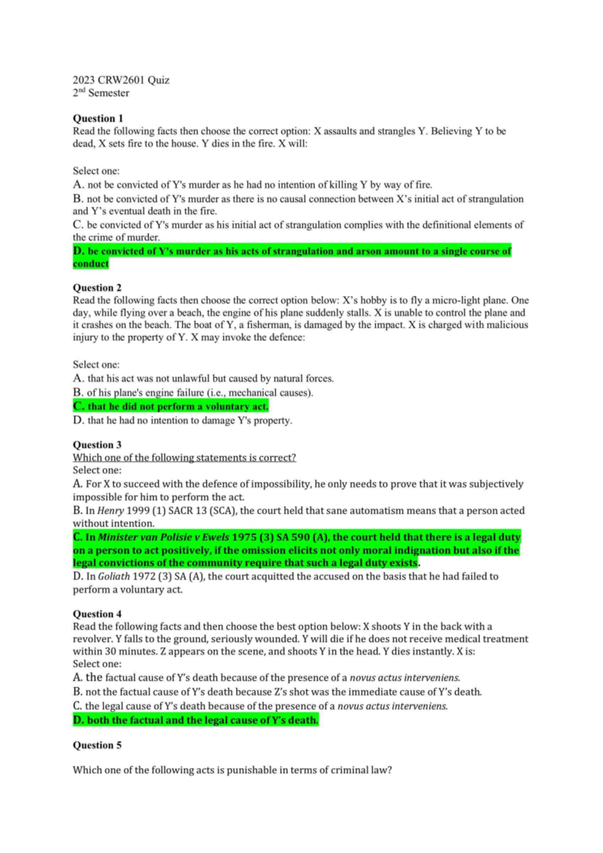 2023 CRW2601 Quiz 2 Memo: Key Answers and Explanations - Studocu