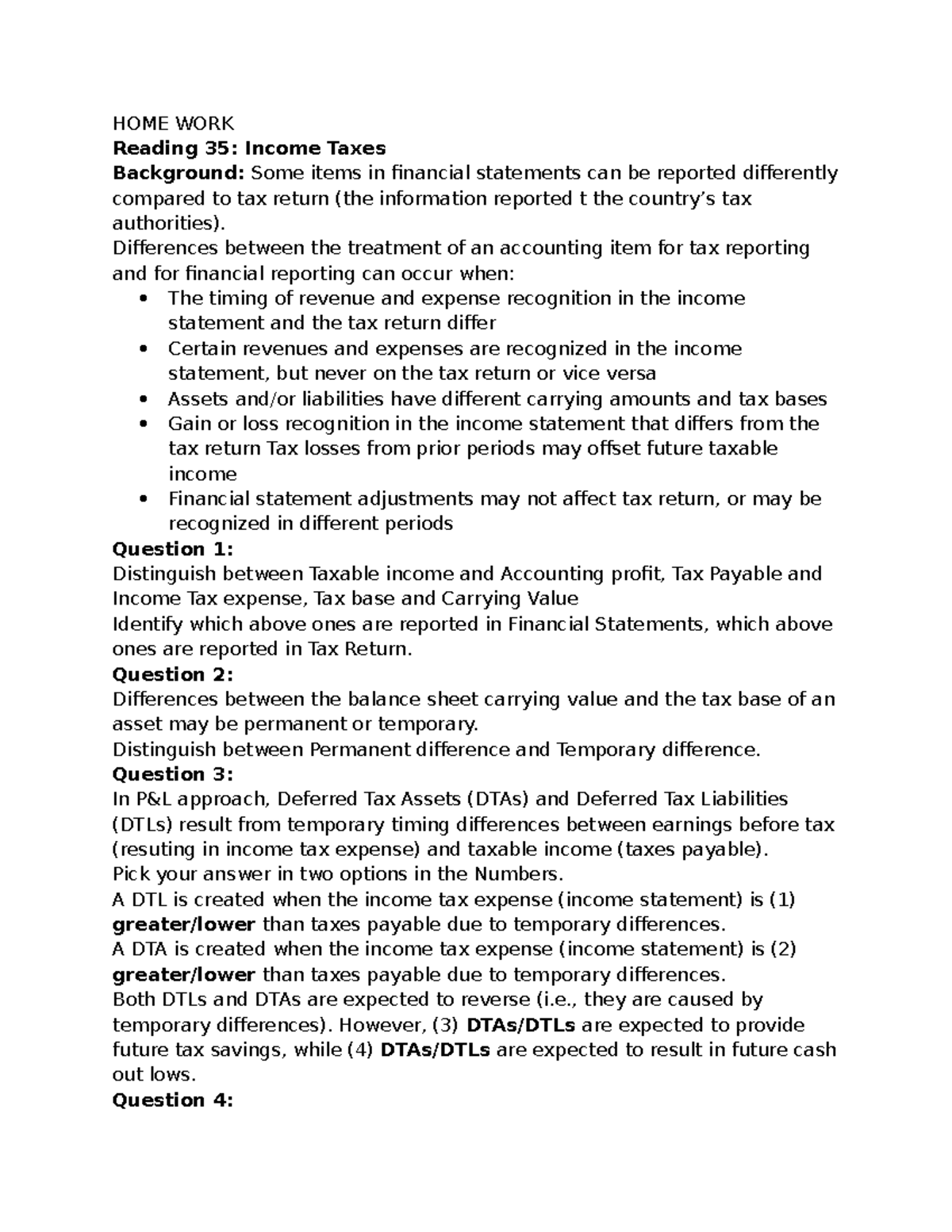 Homework Reading 35: Understanding Income Taxes and Financial Reporting ...