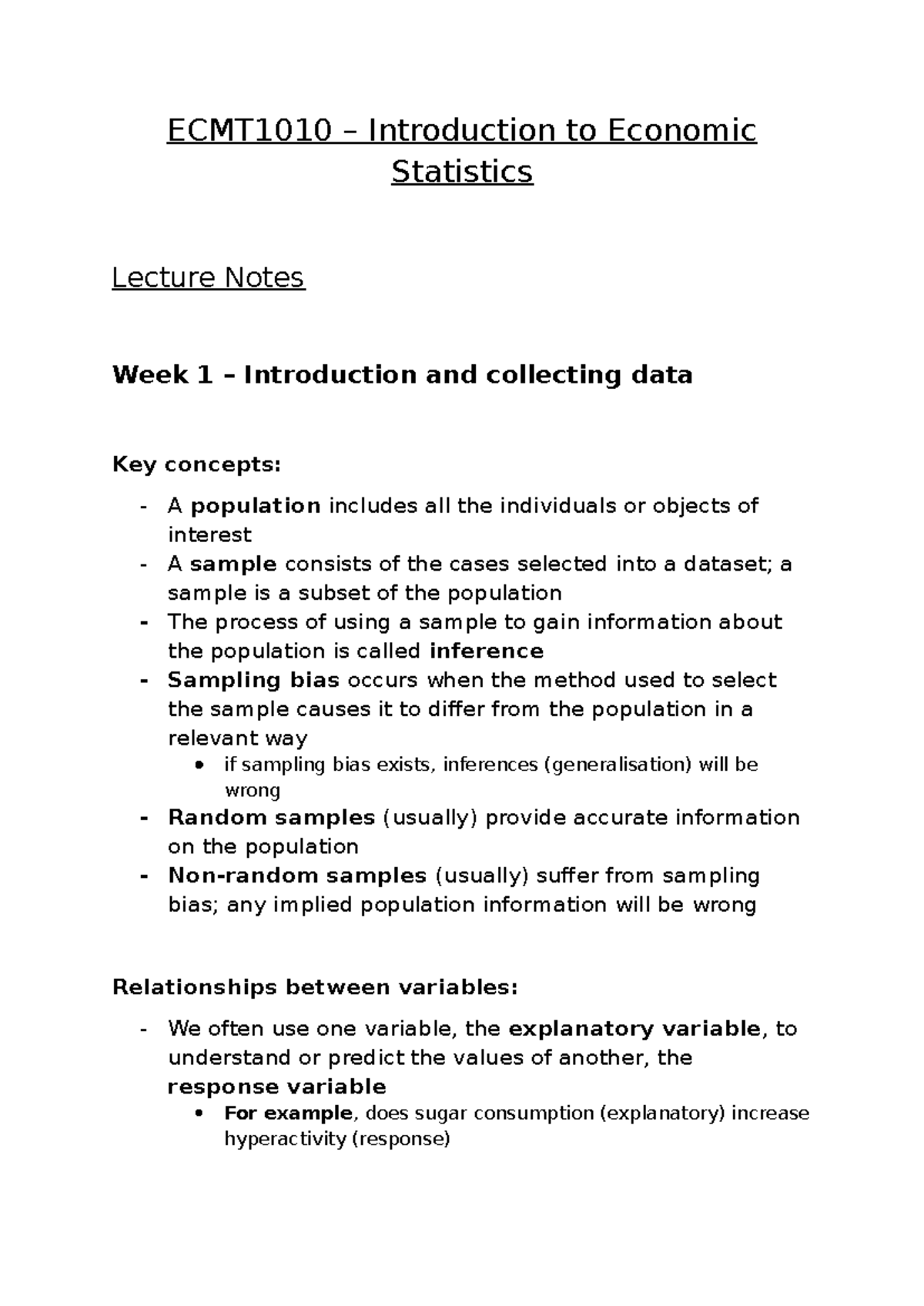 ECMT1010 Lecture Notes: Intro to Economic Statistics Week 1 - Studocu