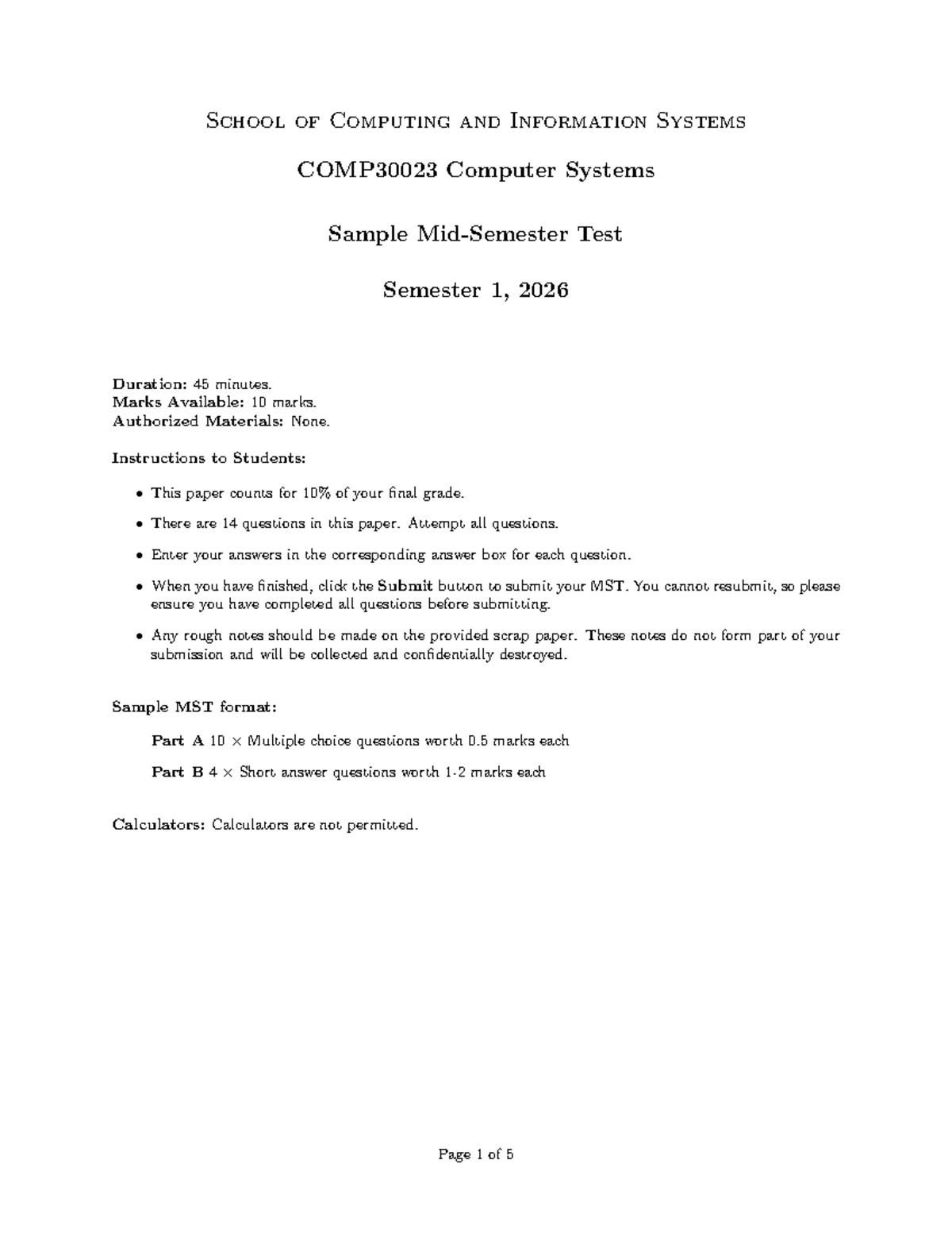 COMP30023 Computer Systems MST Sample Test Semester 1, 2026 - Studocu