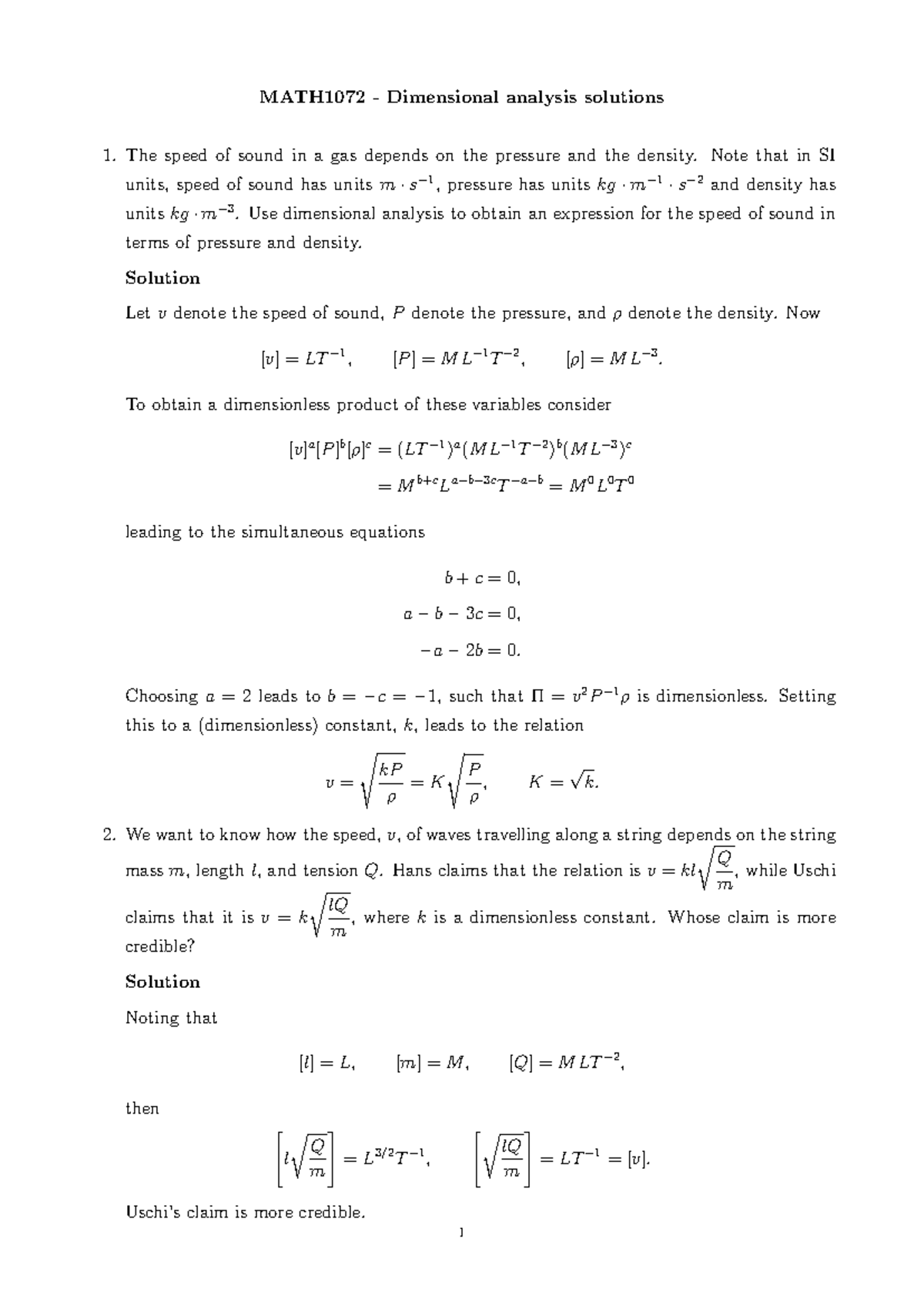 MATH1072 Dimensional Analysis Solutions and Applications - Studocu