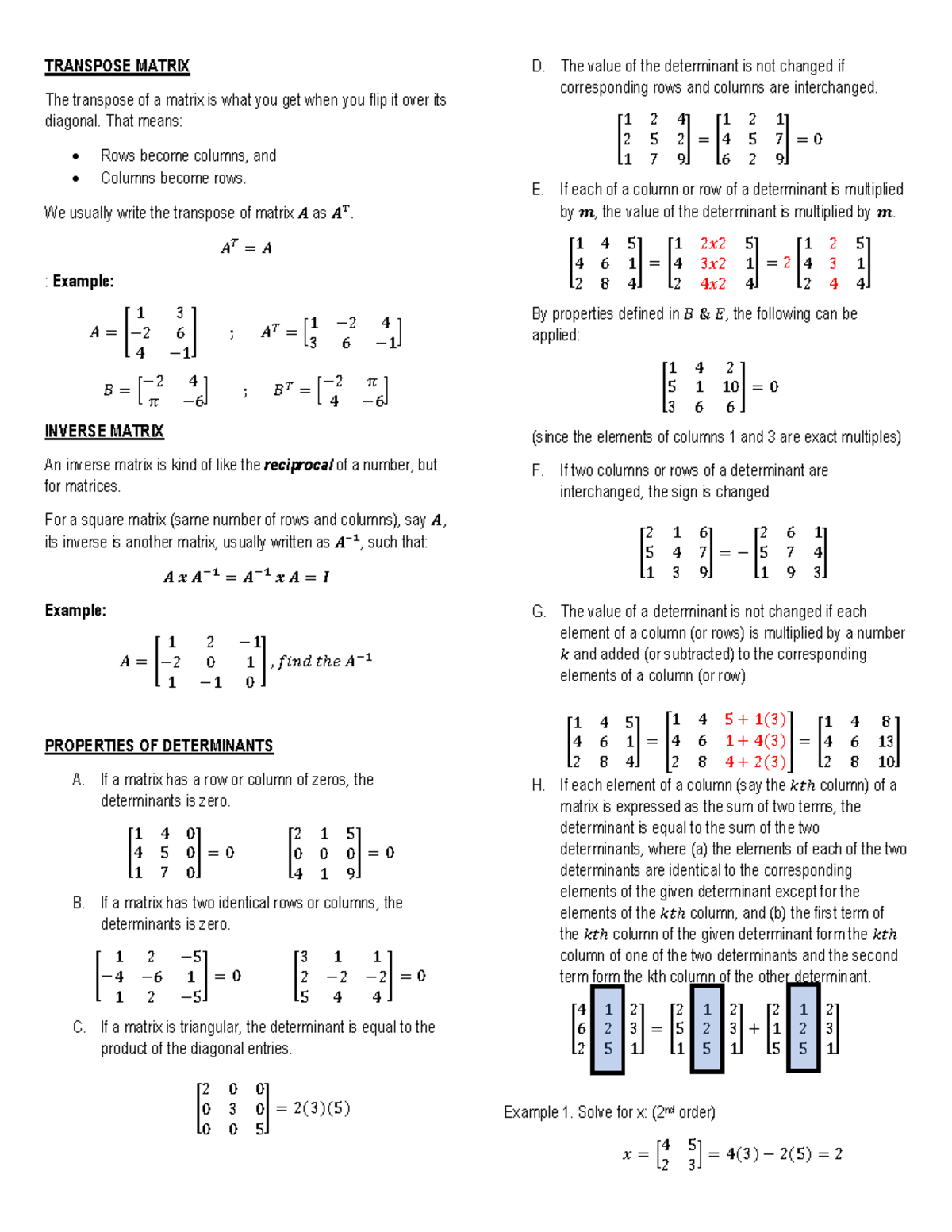 Matrix Transpose and Inverse Properties - Math 101 - Studocu