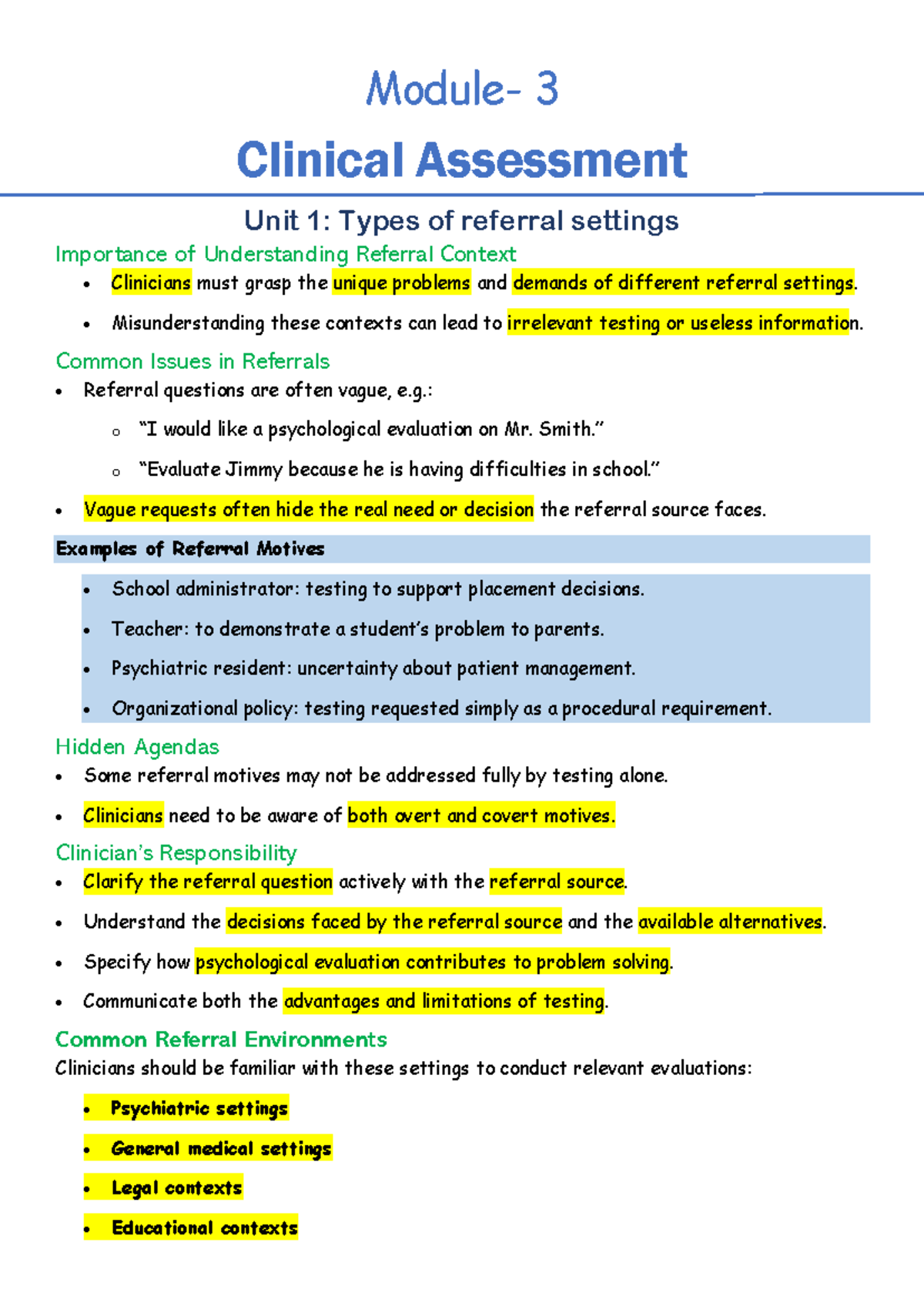 3 Clinical Psychology Assessment Unit 1: Understanding Referral ...