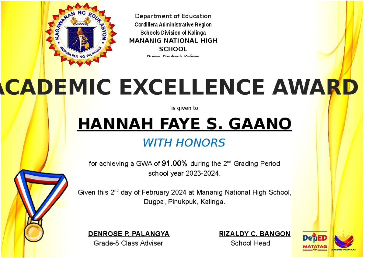 Academic Excellence Award Certificate for Hannah Faye S. Gaano - Studocu
