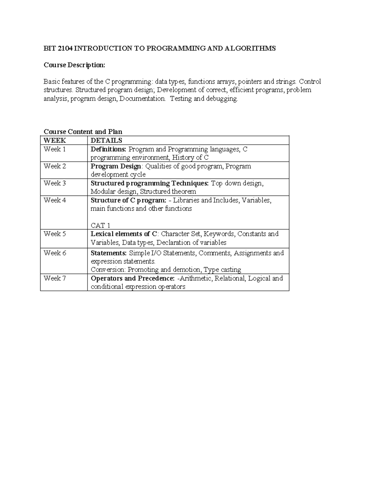 BIT 2104 Introduction to Programming and Algorithm Course Outline - BIT ...