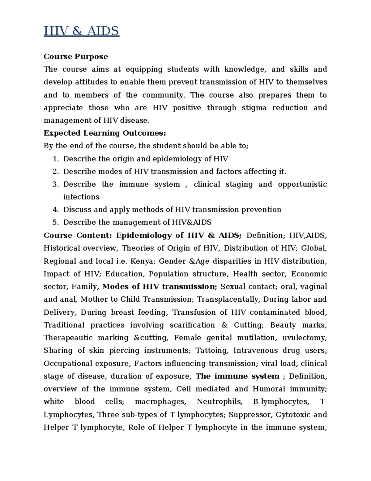 HSCI 225 course outline - HIV & AIDS Course Purpose The course aims at ...