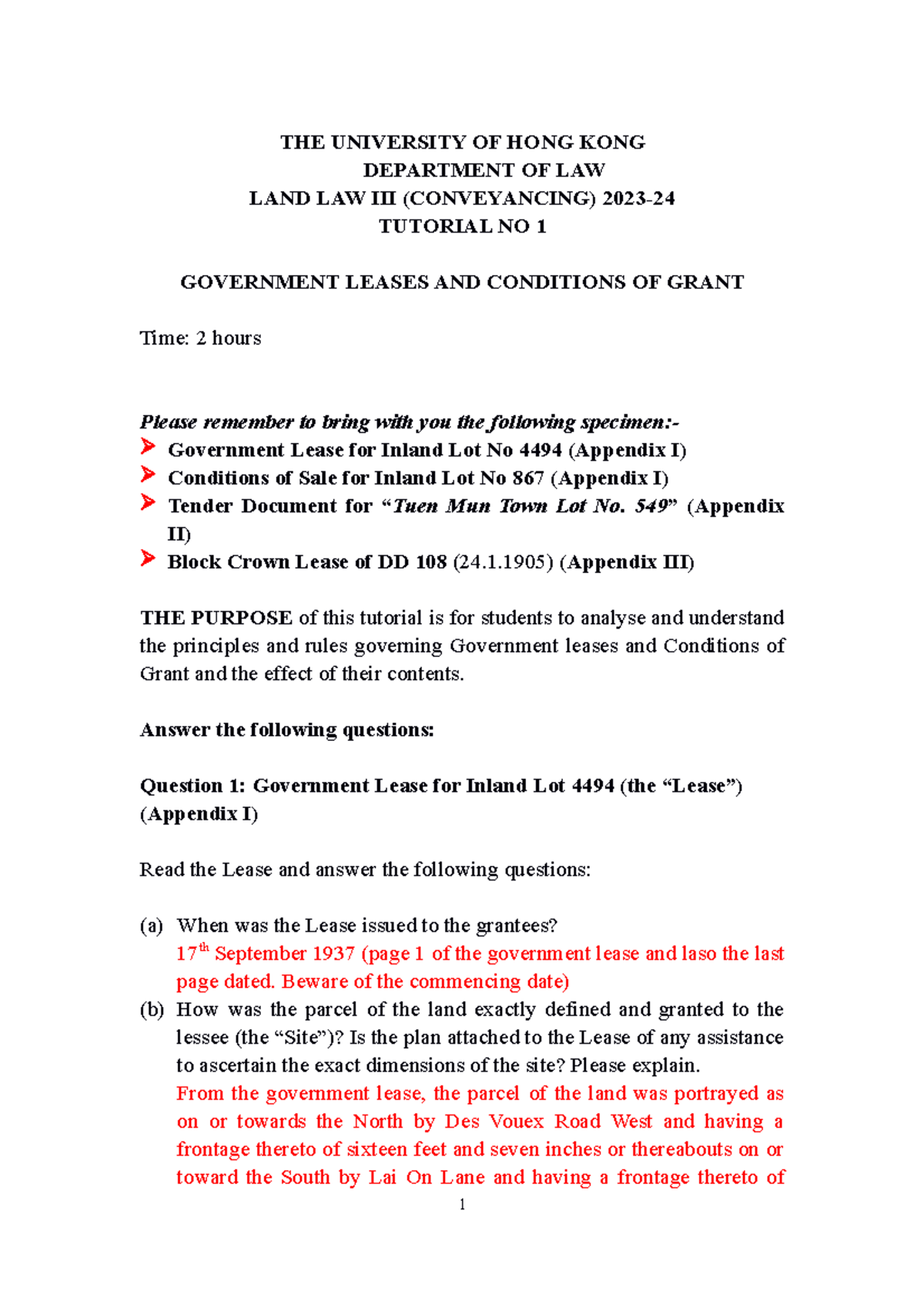 Land Law III (Conveyancing) - Tutorial 1 Suggested Answers - Studocu