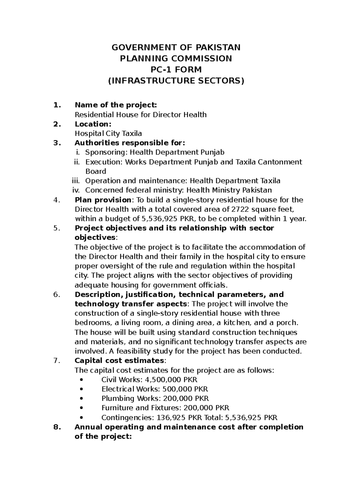 PC-1 Form for Residential House Project - Health Dept Punjab - Studocu