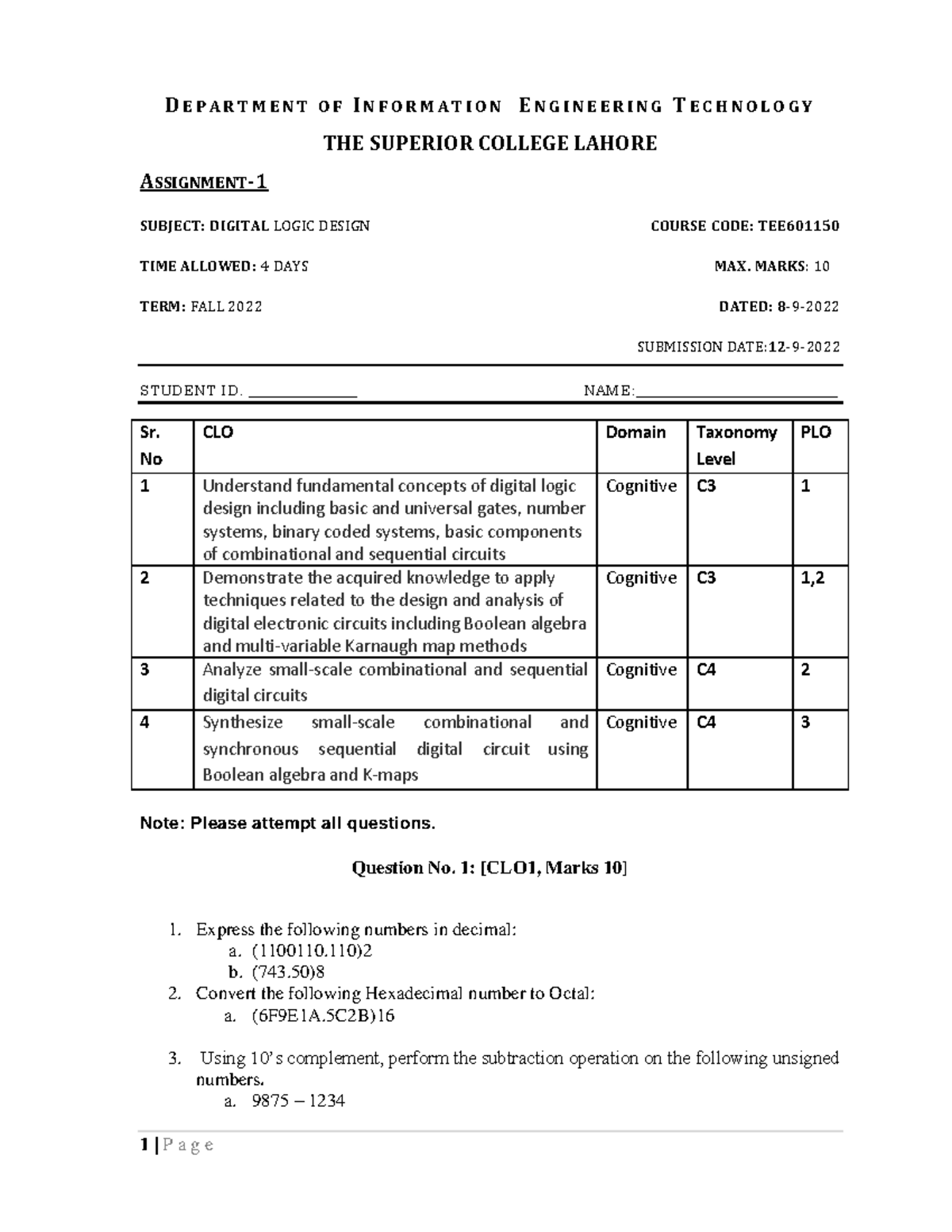 Assignment 1 - dld task practice - 1 | P a g e DE P A R T M E N T O F ...