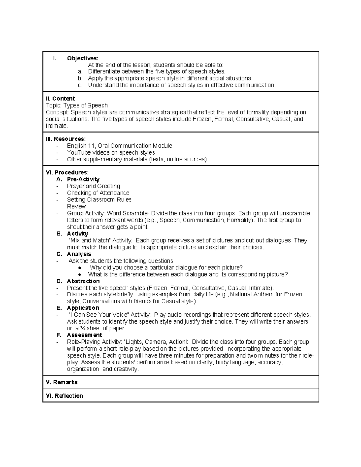 DLP - Daily Lesson Plan on Types of Speech Styles and Activities - Studocu
