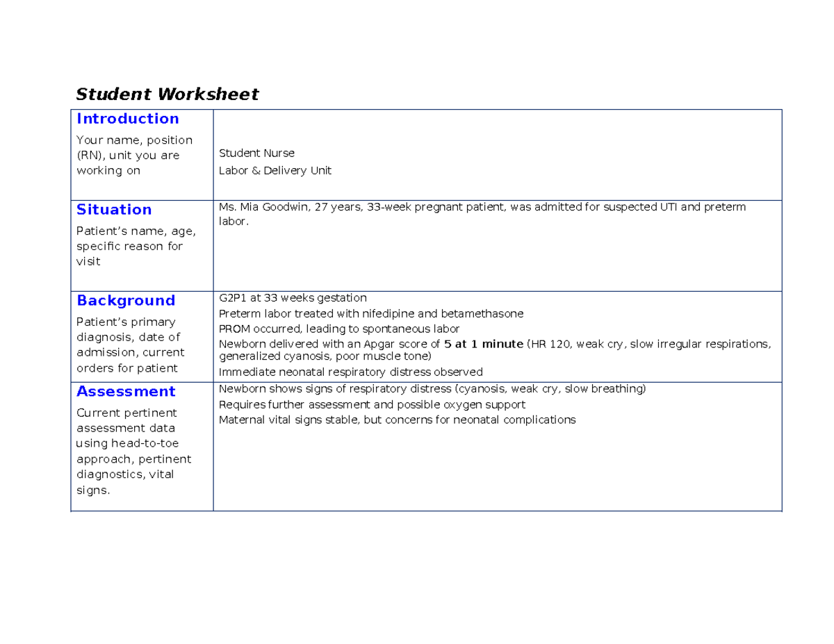 Preterm Labor ATI - Student Worksheet Introduction Your name, position ...