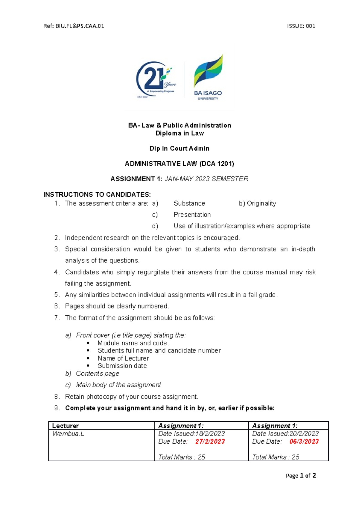 Administrative Law Assignment 1 & 2 (DCA 1201) - Feb 2023 - Studocu