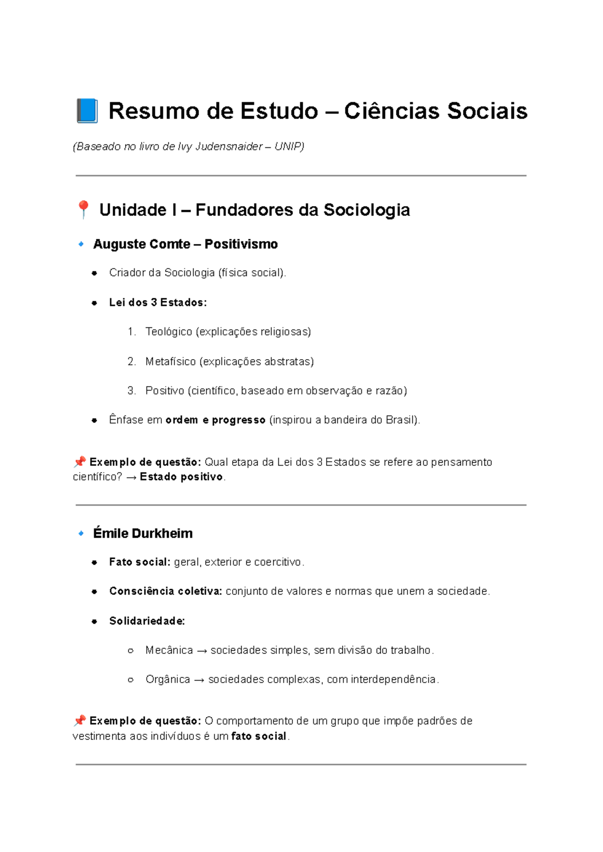 Resumo de Estudo - Ciências Sociais UNIP: Fundadores da Sociologia ...