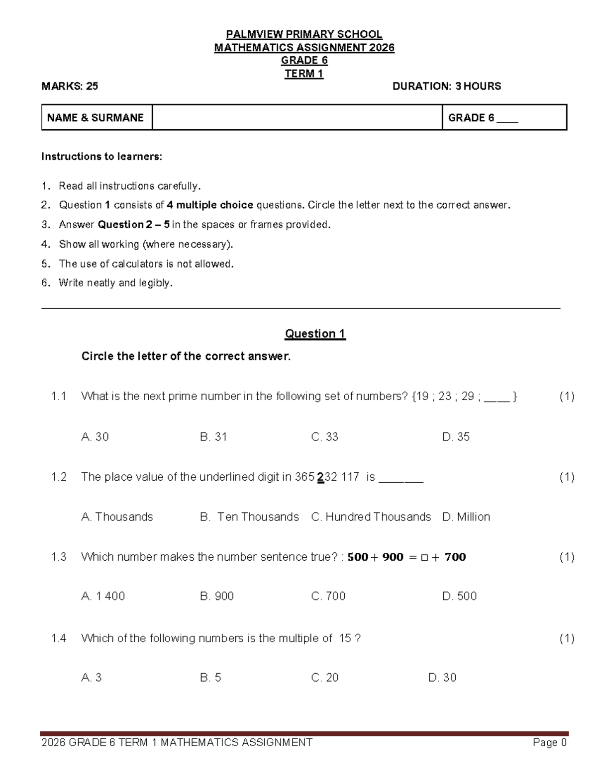 Grade 6 Mathematics Assignment Term 1 2026 - Detailed Instructions ...