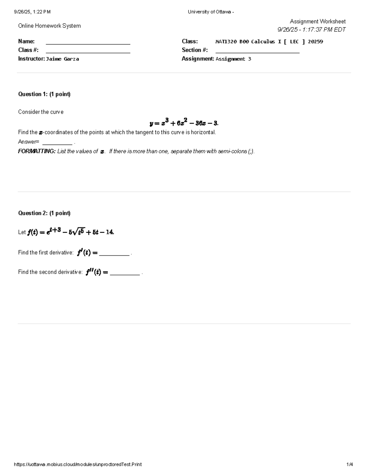 MAT1320 B00 Calculus I Assignment 3 Worksheet - Studocu