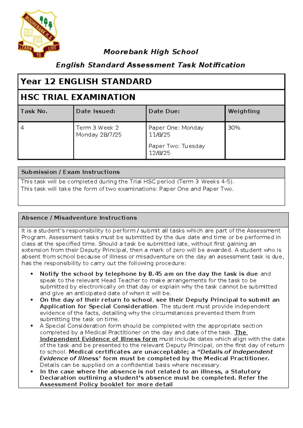 2025 Year 12 ENGLISH STANDARD HSC Trial Exam Notification - Studocu