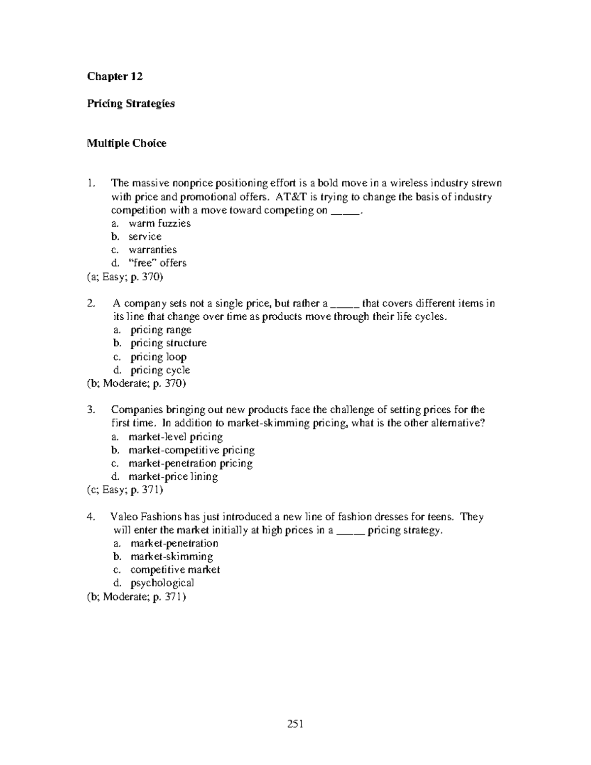 Test Bank - Marketing Chapter 12 Pricing Strategies Queries - Studocu