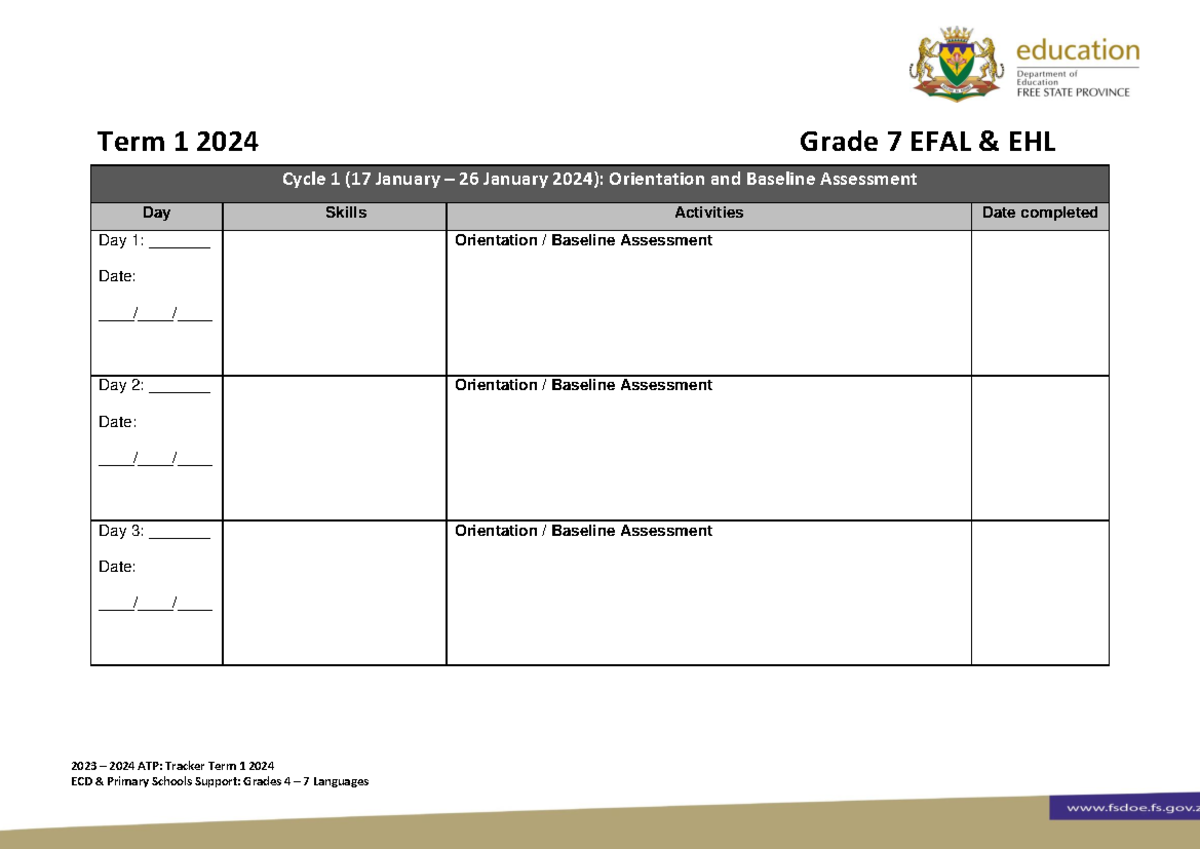 Grade 7 EFAL & EHL Term 1 2024 ATP Tracker (17 Jan - 8 Mar) - Studocu