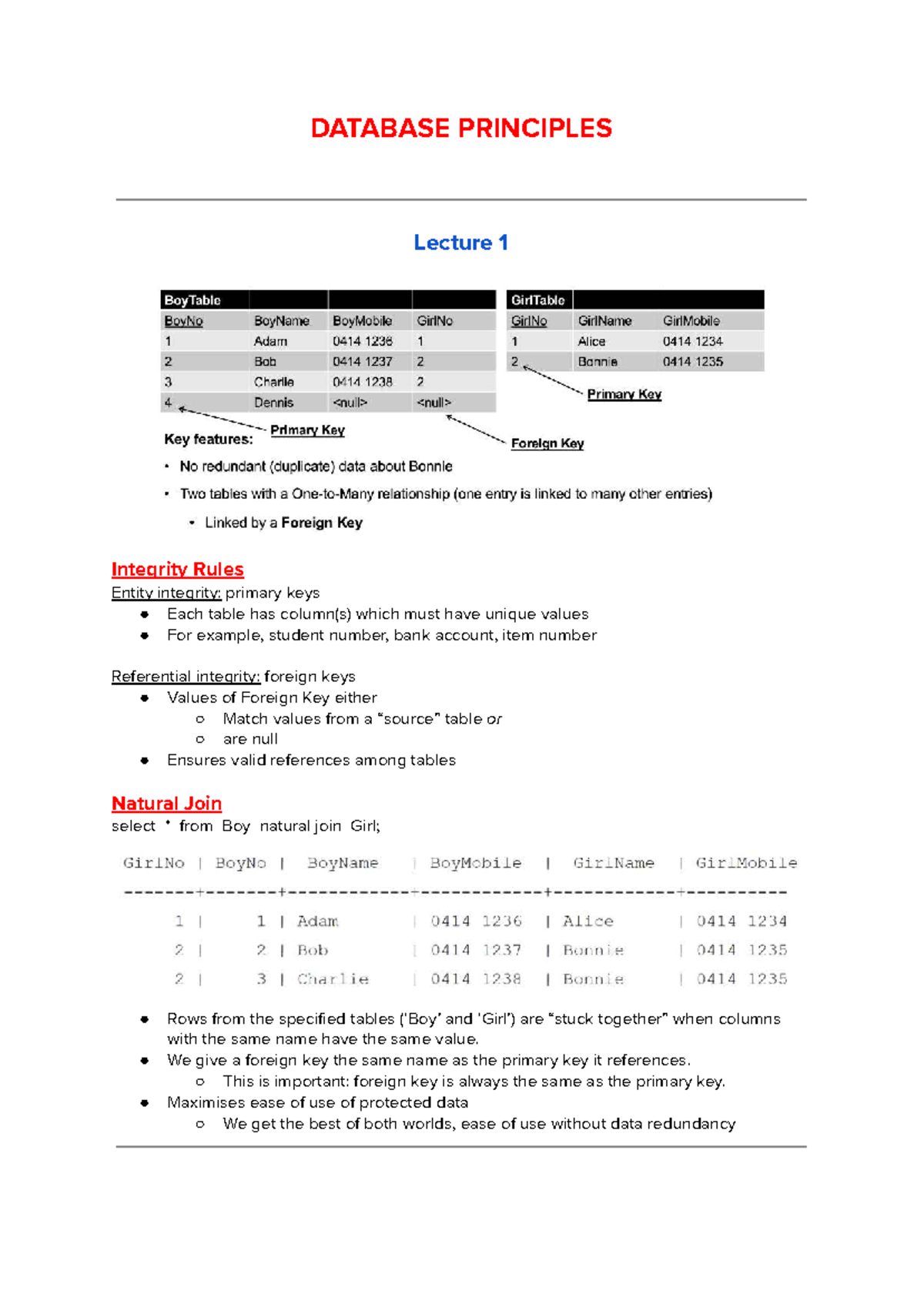 DATABASE PRINCIPLES Lecture 1 & 2: Integrity Rules & SQL Queries - Studocu