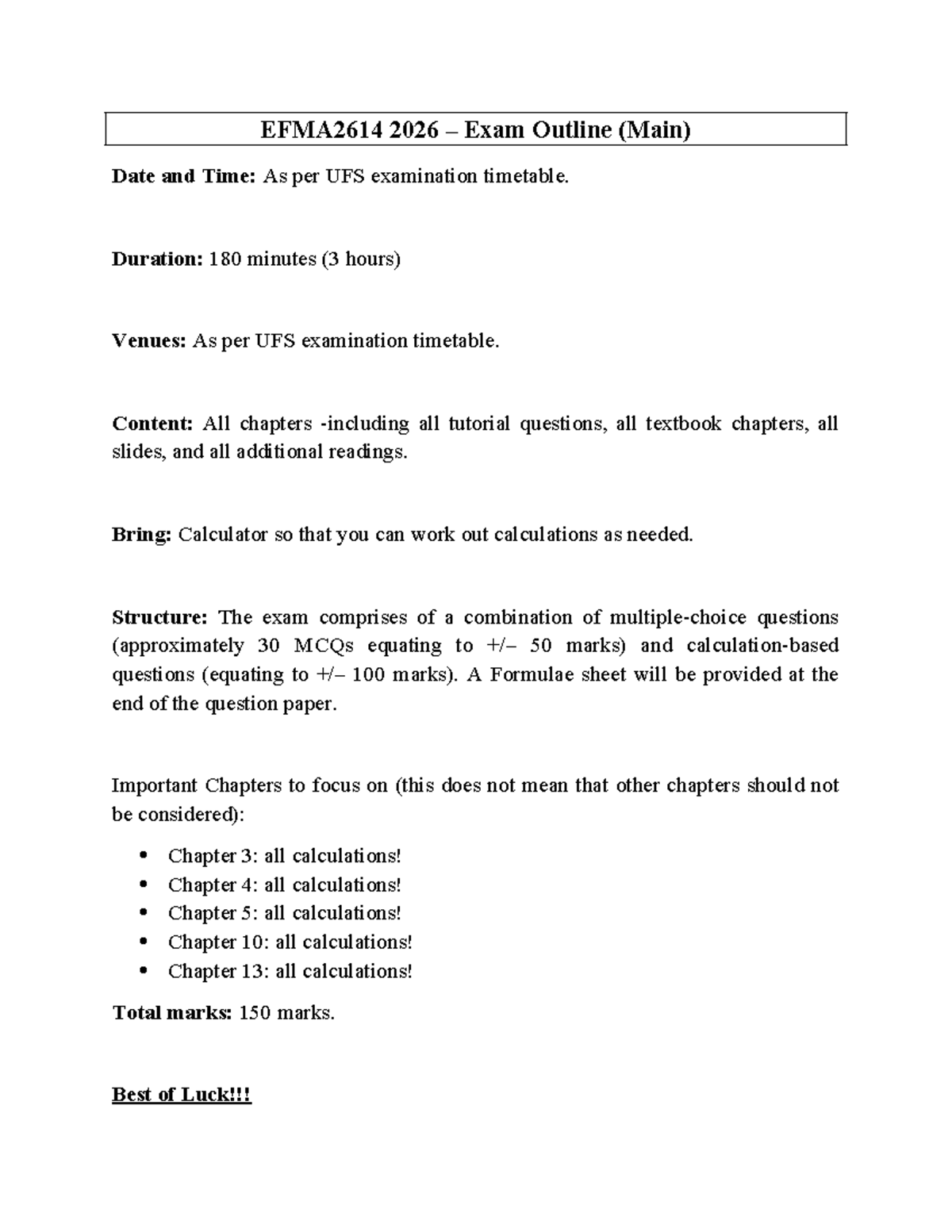 EFMA2614 2026 Final Exam Outline and Key Focus Areas - Studocu