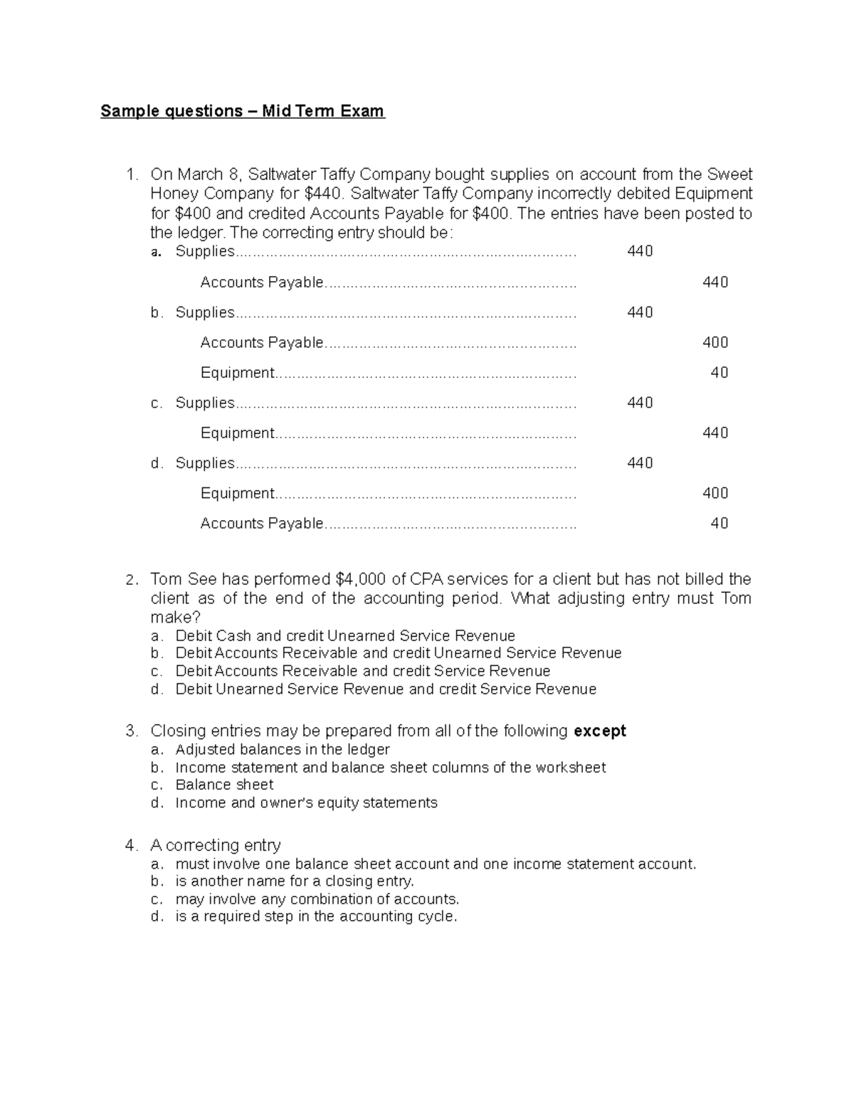 Sample/practice mid-term exam, questions - Sample questions Mid Term ...
