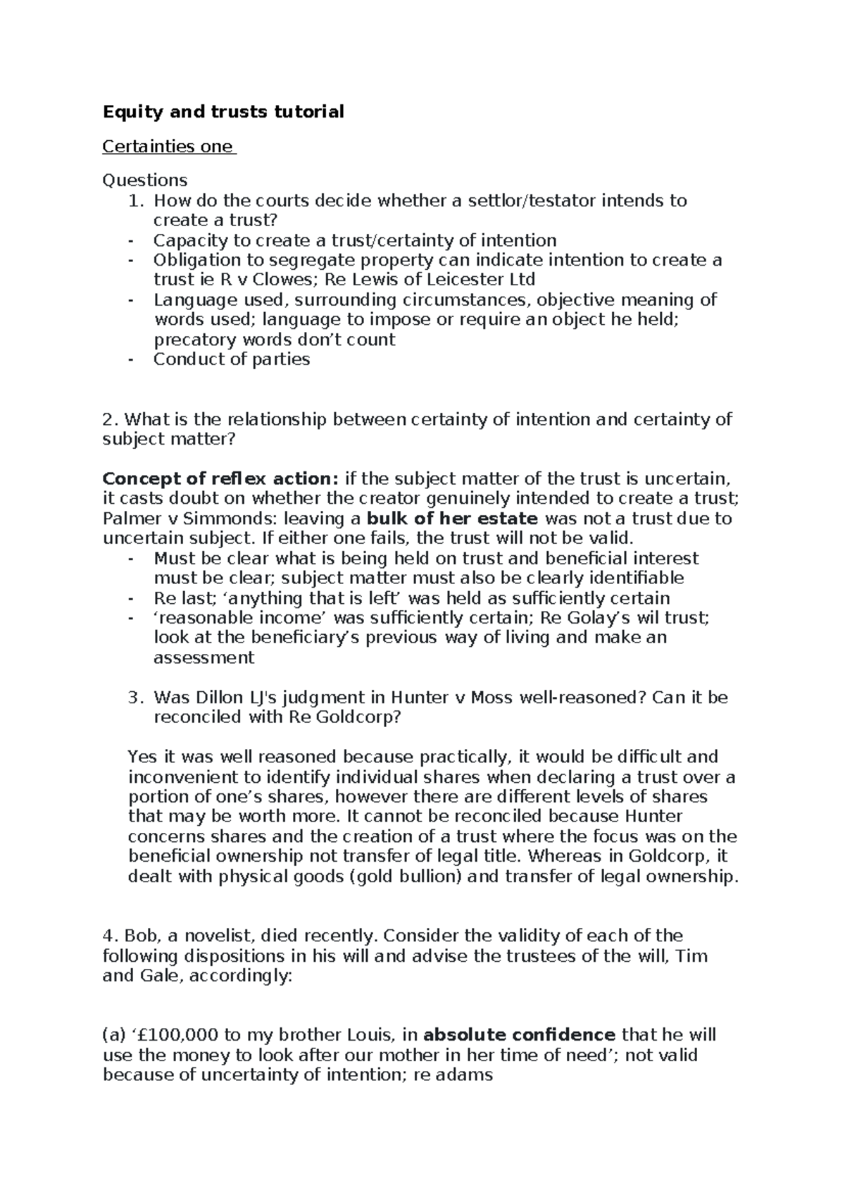 Equity & Trusts Tutorial: Key Certainties & Case Analysis (Course Code ...