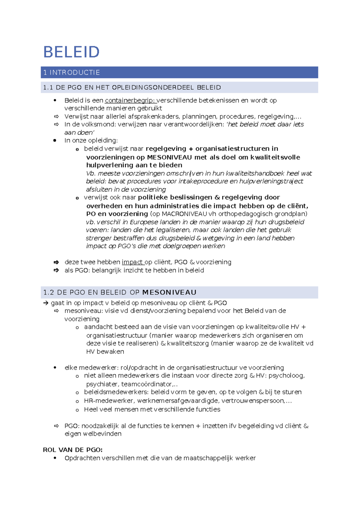 BELEID EN DE ROL VAN DE PGO IN DE ORGANISATIESTRUCTUUR (BELEID 1) - Studocu