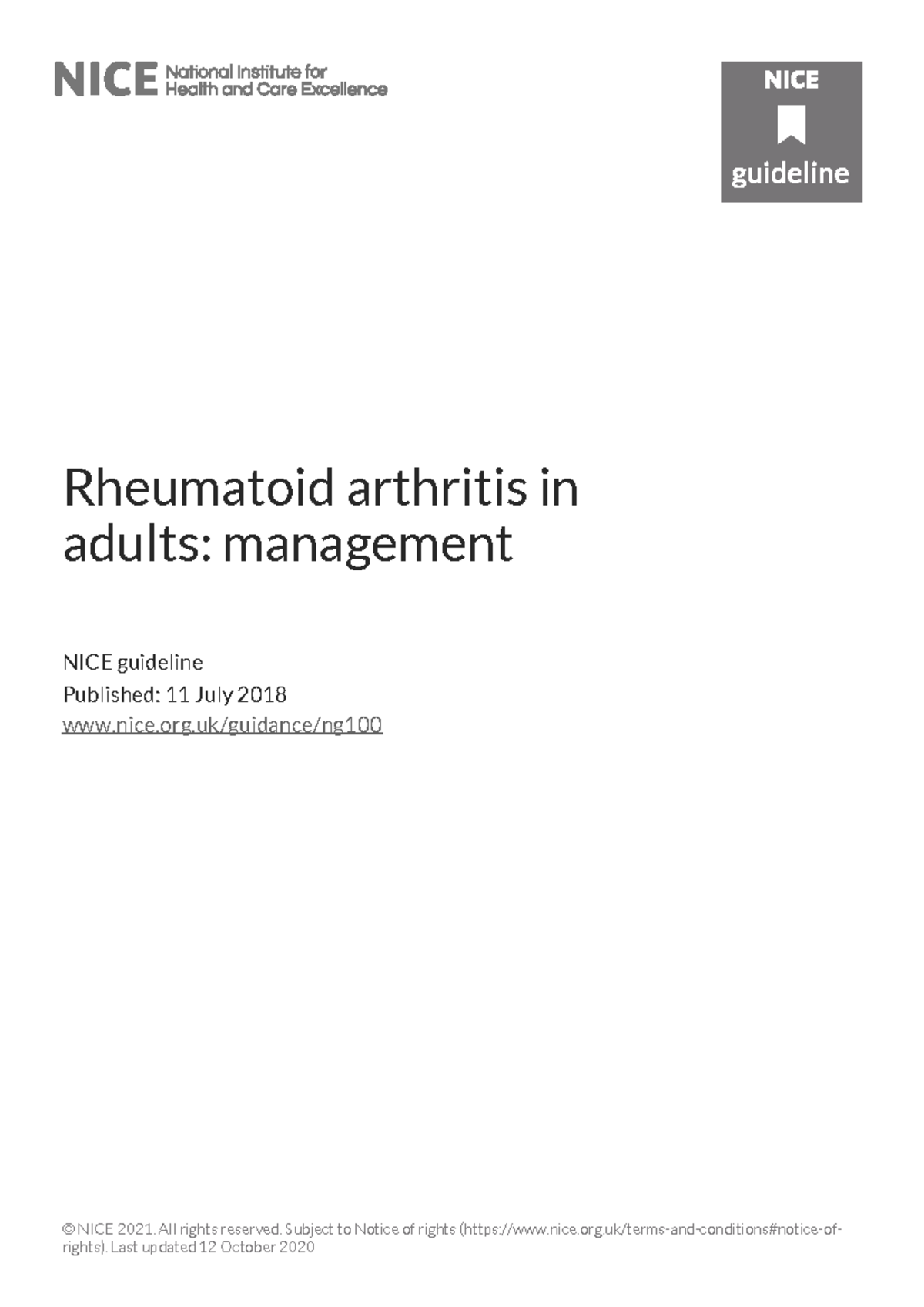 NICE Guideline NG100: Management of Rheumatoid Arthritis in Adults ...