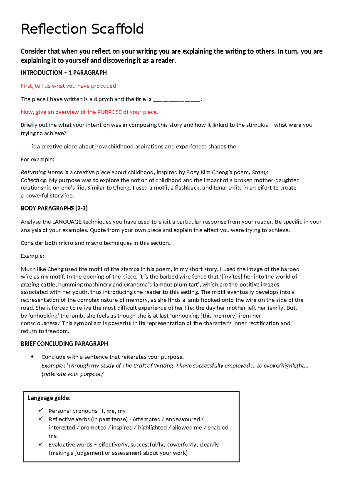 Reflection Scaffold: Analyzing My Creative Writing Process - Studocu