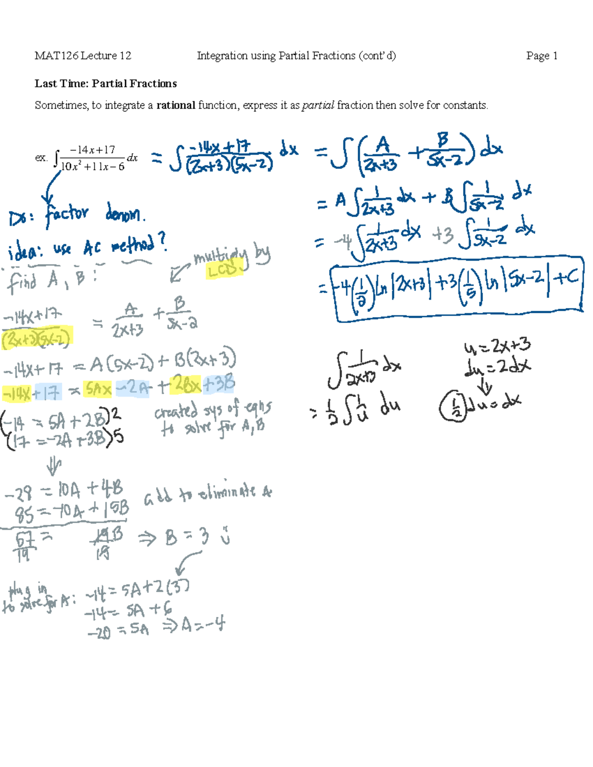 MAT126 Lecture 12: Integration via Partial Fractions Techniques - Studocu