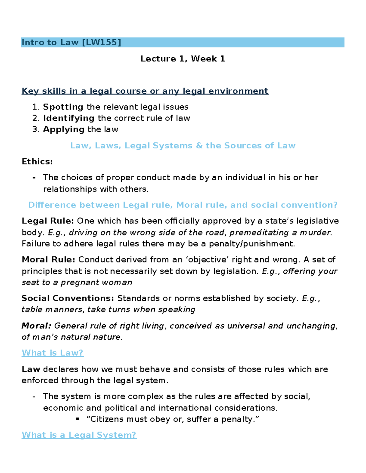 Intro to Law (LAW101) Lecture 1: Key Skills & Legal Concepts - Studocu