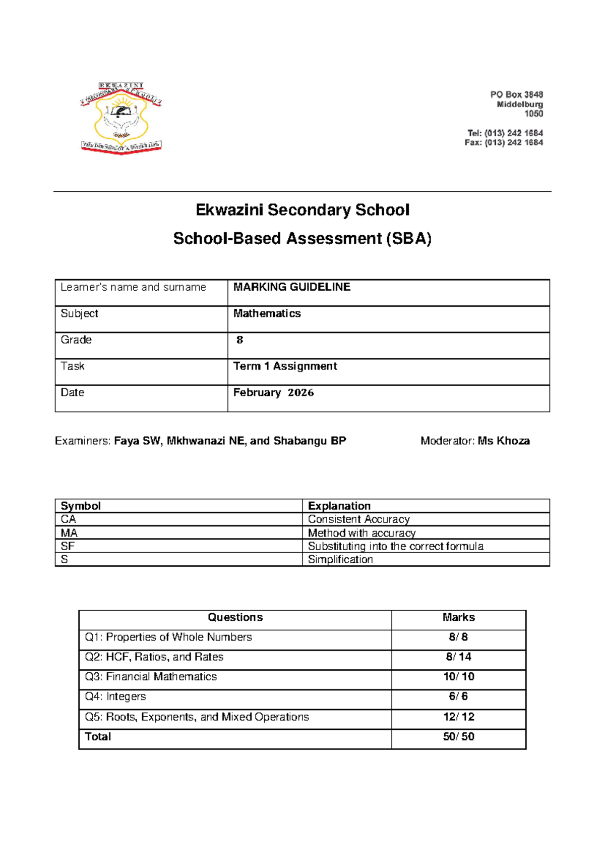 Mathematics Grade 8 Term 1 Assignment Marking Guide 2026 - Studocu