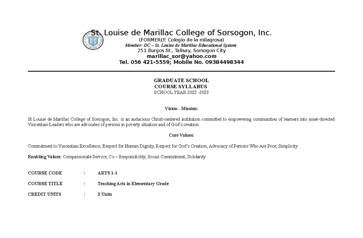 Syllabus for ARTS 1: Teaching Arts in Elementary Grades - Studocu
