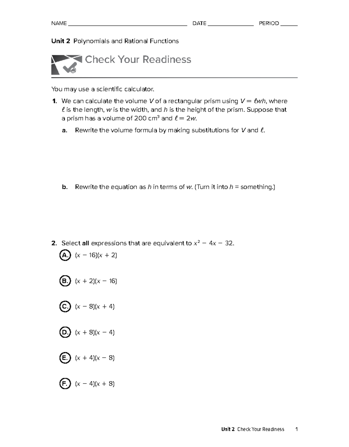 Algebra+2+Unit+2+Check+Your+Readiness - Unit 2 Polynomials and Rational ...