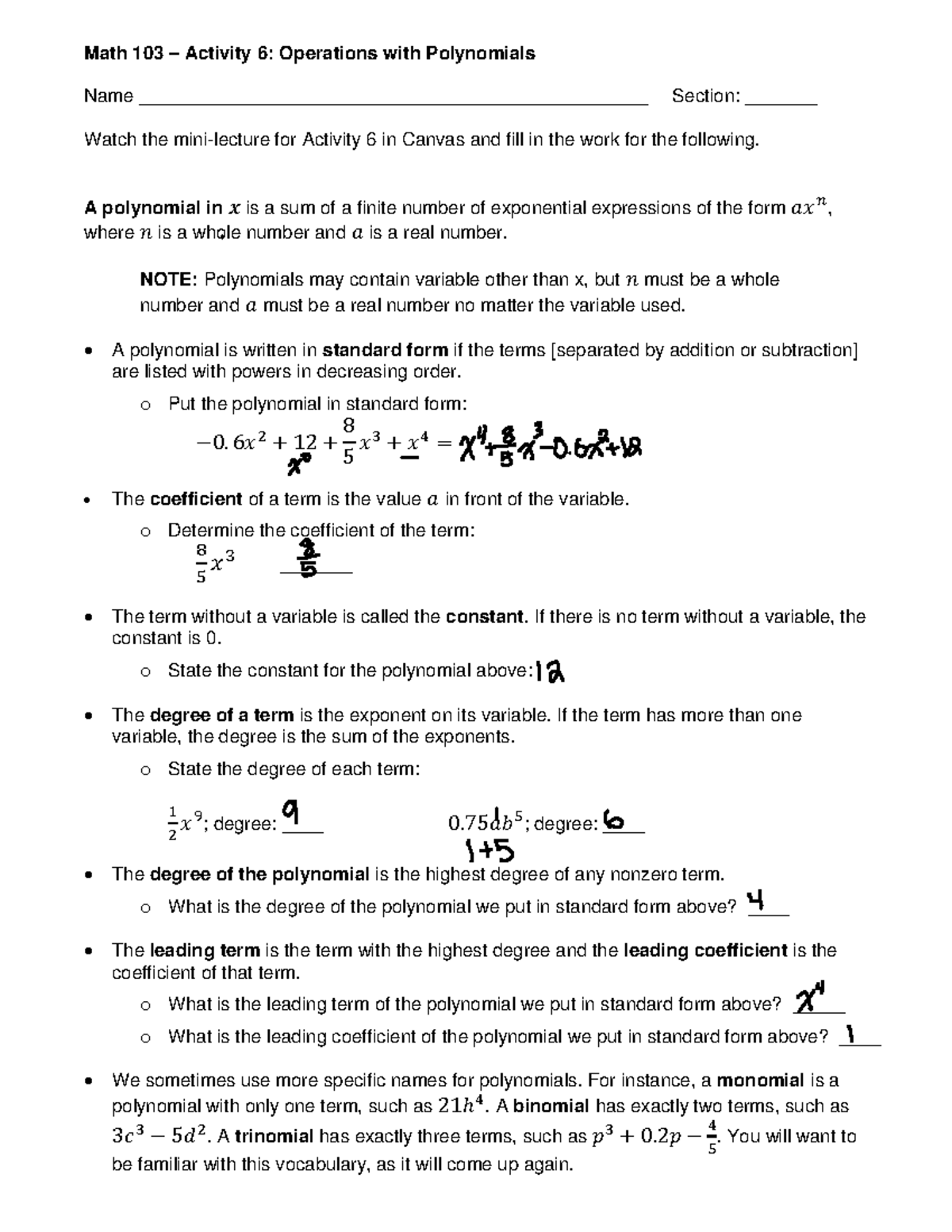 Math 103 – Activity 6: Operations with Polynomials and Their Properties ...