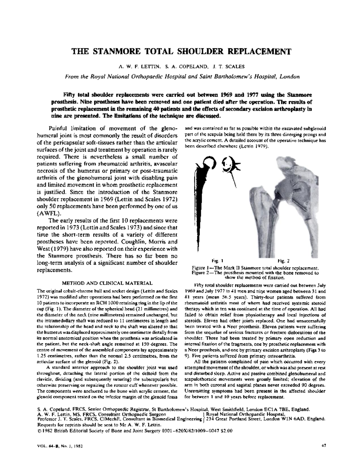 Stanmore Total Shoulder Replacement: A Clinical Review (1970-1977 ...