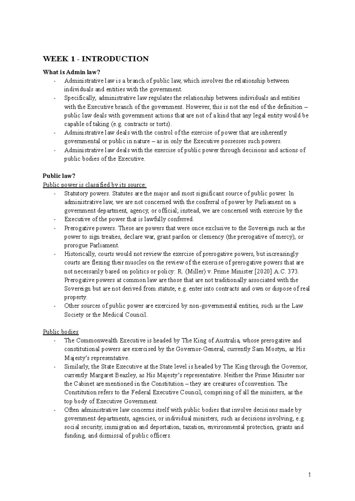 Copy of Admin Law - Lecture Notes - WEEK 1 - INTRODUCTION What is Admin ...