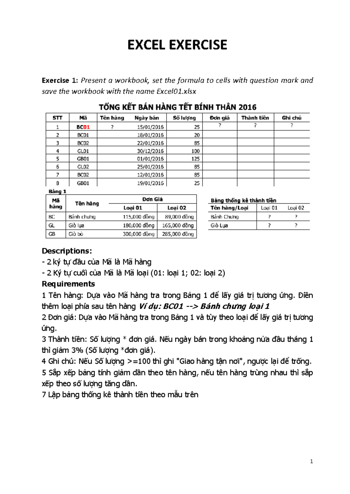 Excel Questions - tin học cơ bản - EXCEL EXERCISE Exercise 1: Present a ...