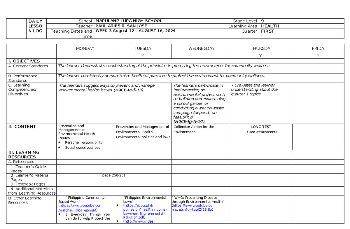 Q1 Grade 9 Health Lesson Plan: Environmental Health Awareness - Studocu