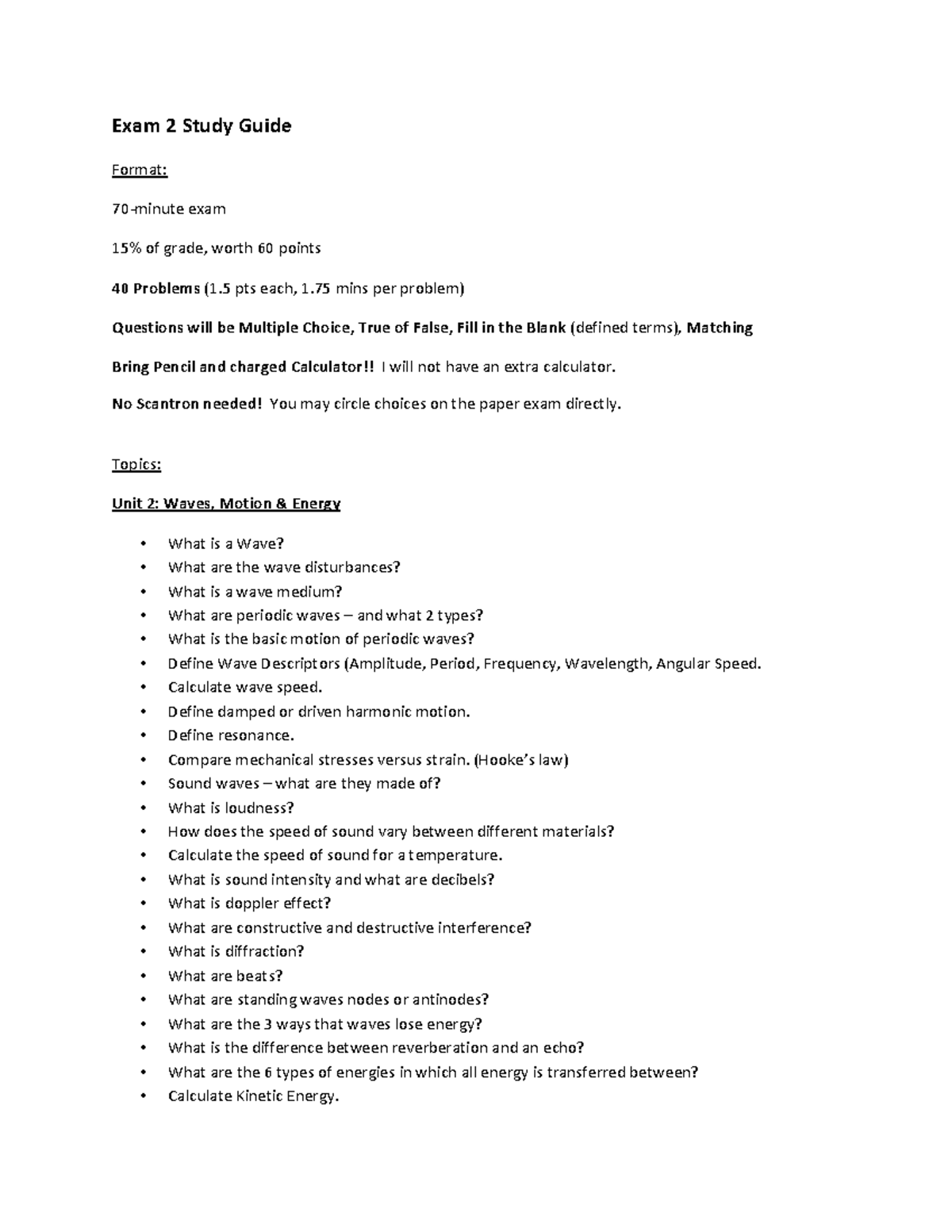 Exam 2 Study Guide: Waves, Motion & Energy Concepts (60 pts) - Studocu
