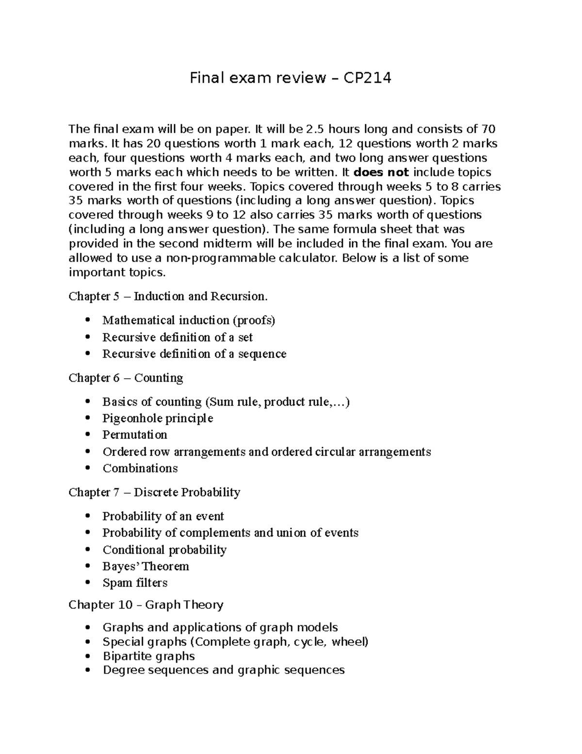 Final review - topics - Final exam review – CP The final exam will be ...