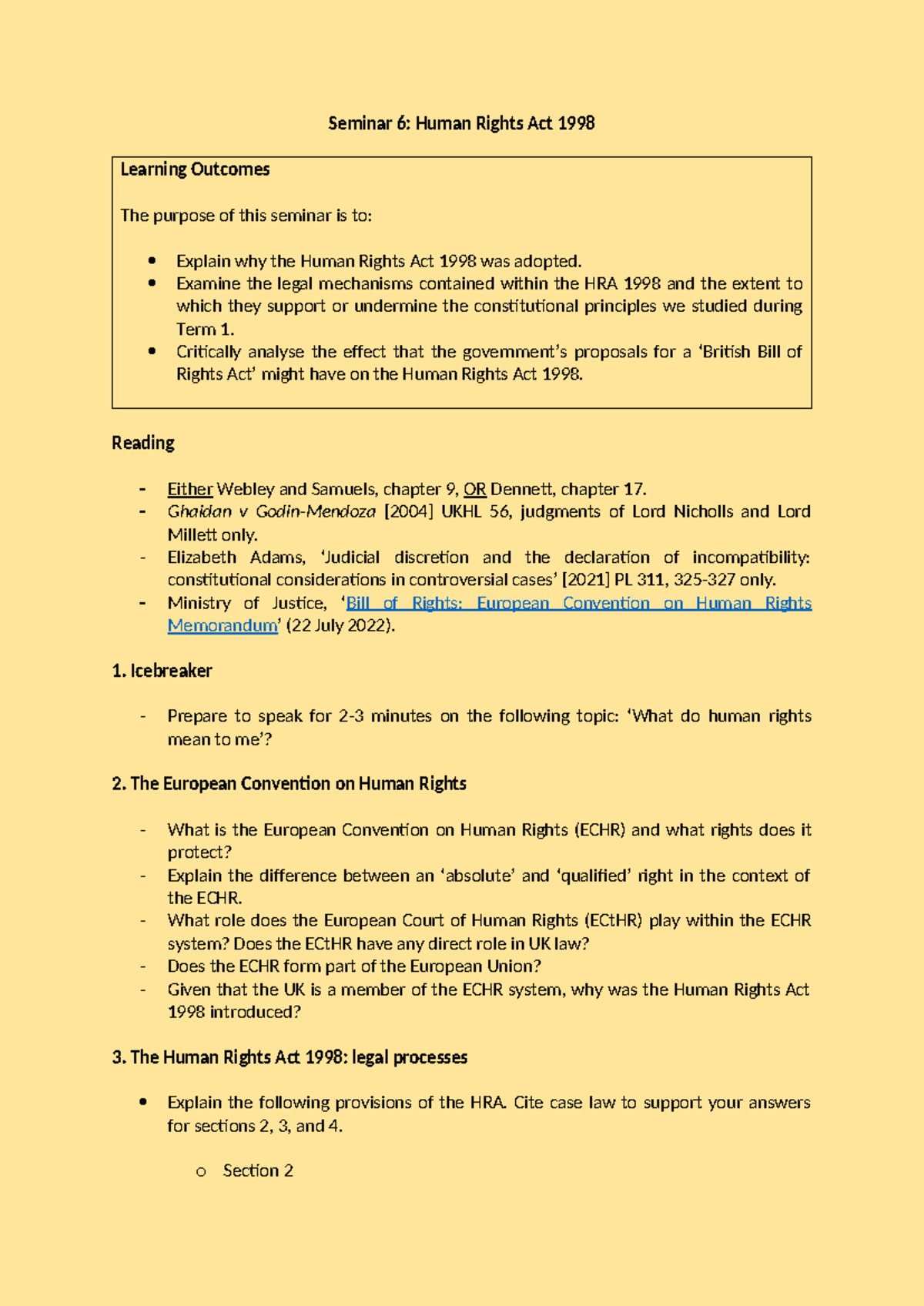LAW1035 Seminar 6: Understanding the Human Rights Act 1998 - Studocu