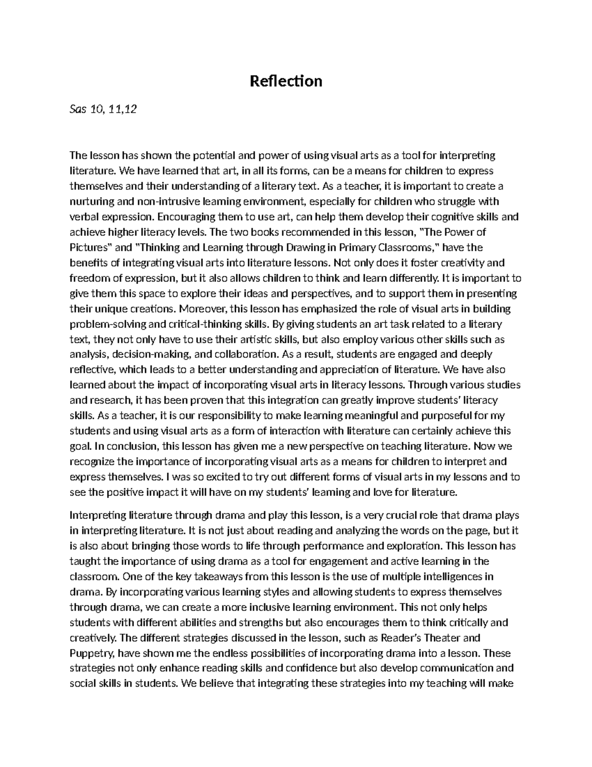 SAS 10, 11, 12 - Reflection on Integrating Arts in Literature Teaching ...