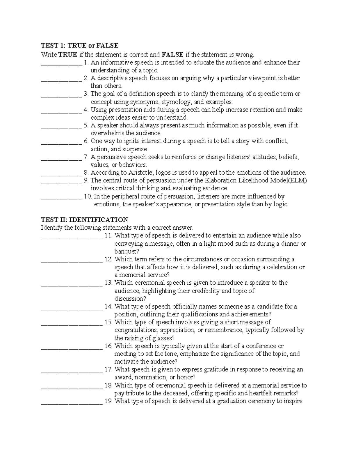 TEST 1: TRUE or FALSE, IDENTIFICATION, and MULTIPLE CHOICE on Speech ...