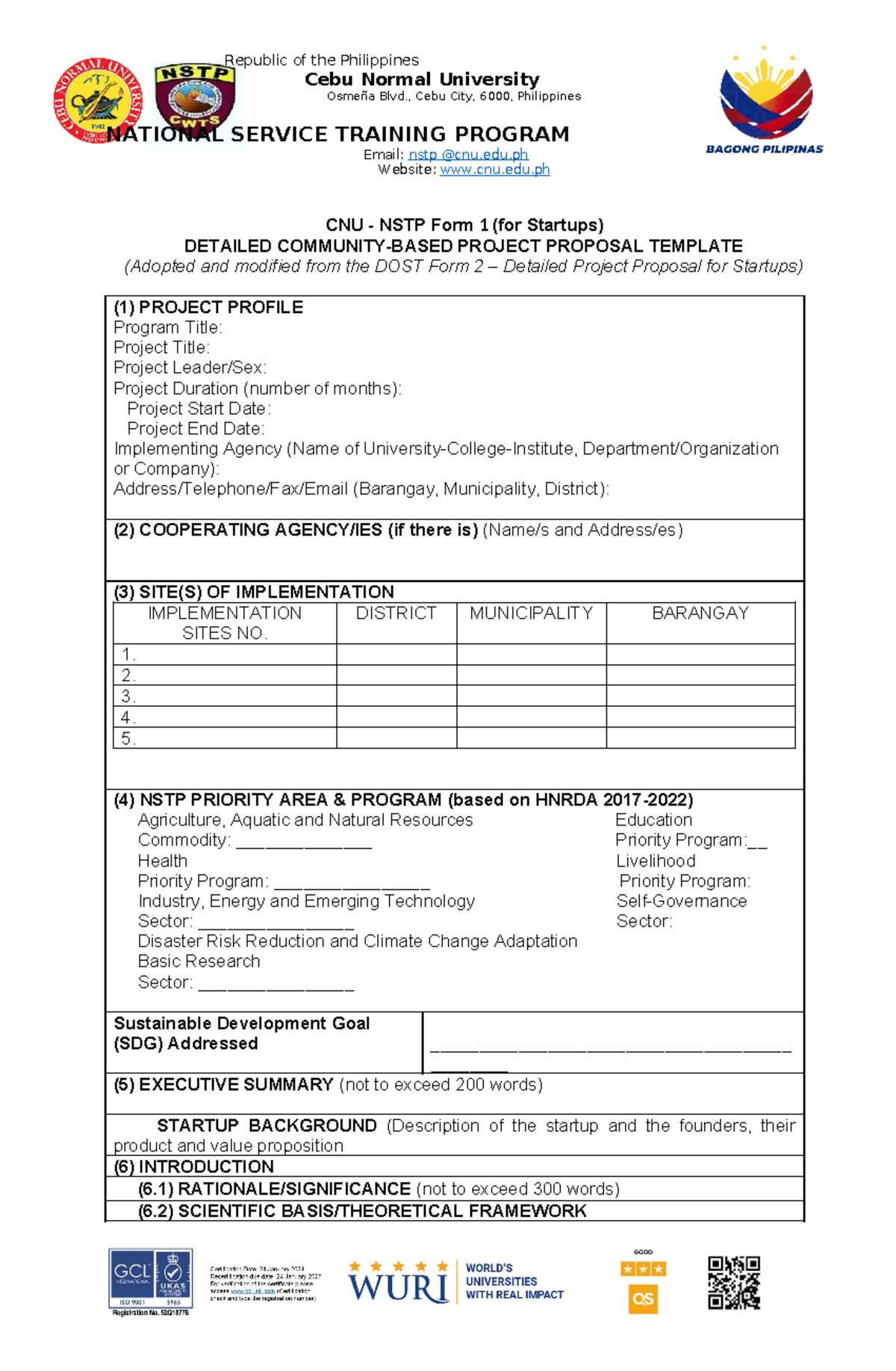 CNU NSTP Form 1: Detailed Project Proposal Template for Startups - Studocu