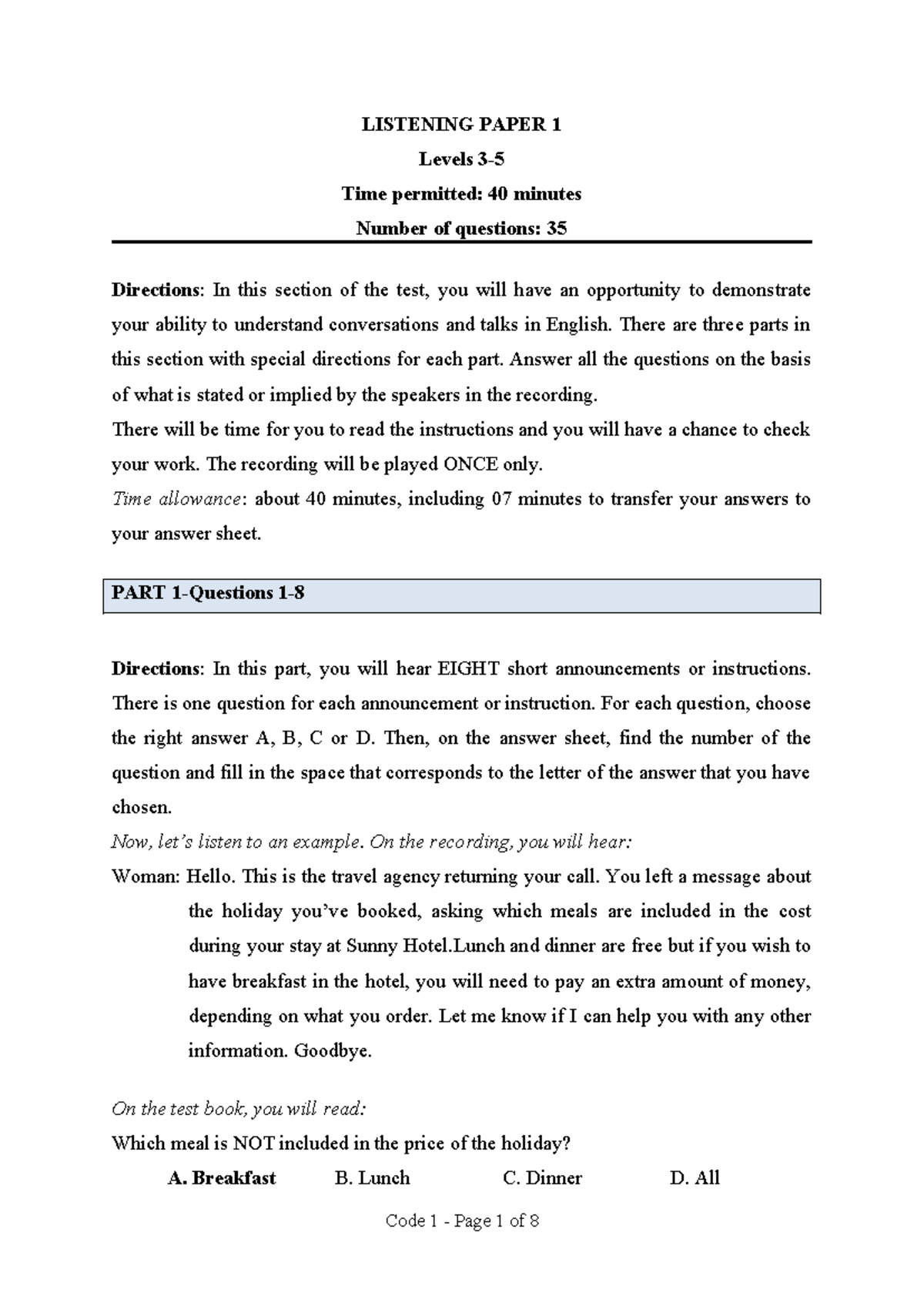 Listening Test 1 - Tieng Anh, Level 3 - Practice Paper - Studocu
