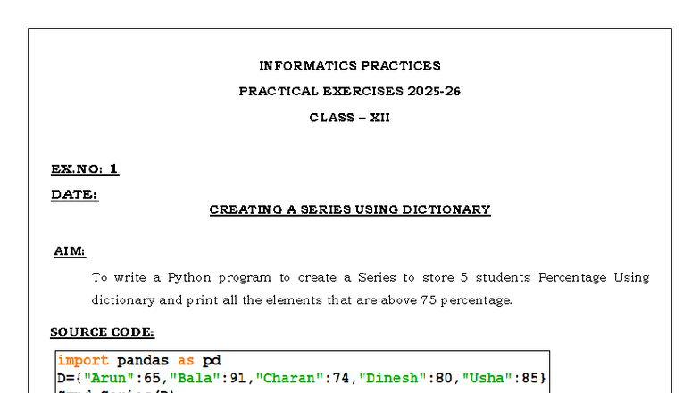 Class XII Informatics Practices Practical Exercises 2025-26 - Studocu